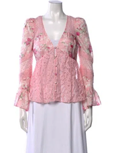 Pre-owned Loveshackfancy Silk Floral Print Blouse W/ Tags In Pink