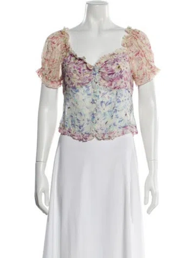 Pre-owned Loveshackfancy Silk Floral Print Blouse In White