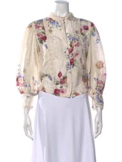 Pre-owned Loveshackfancy Silk Floral Print Blouse In White