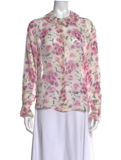 Pre-owned Loveshackfancy Silk Floral Print Blouse In White