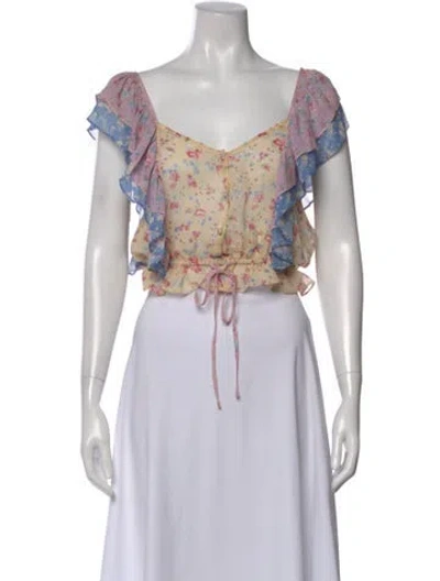 Pre-owned Loveshackfancy Silk Floral Print Blouse In Yellow