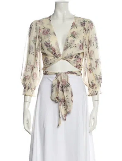 Pre-owned Loveshackfancy Silk Floral Print Crop Top In Neutral