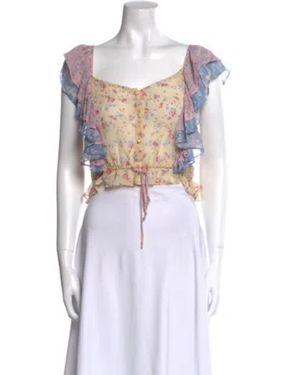 Pre-owned Loveshackfancy Silk Floral Print Crop Top In Neutral