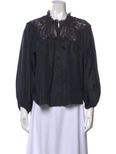Pre-owned Loveshackfancy Silk Lace Pattern Blouse In Black