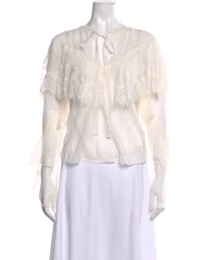 Pre-owned Loveshackfancy Silk Lace Pattern Blouse In White