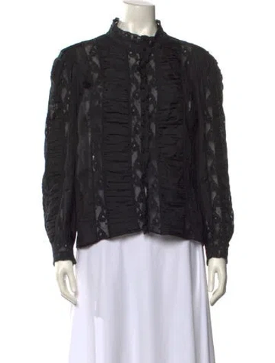 Pre-owned Loveshackfancy Silk Mock Neck Button-up Top In Black