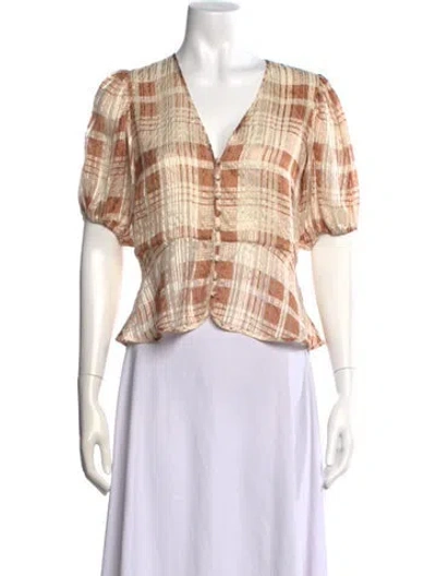 Pre-owned Loveshackfancy Silk Plaid Print Blouse In Neutral