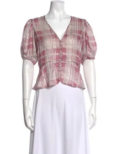 Pre-owned Loveshackfancy Silk Plaid Print Blouse In Pink
