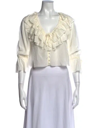 Pre-owned Loveshackfancy Silk V-neck Blouse W/ Tags In Neutral