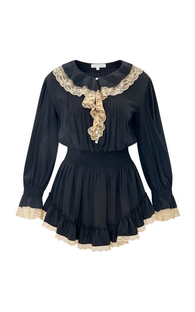 Loveshackfancy Sofratine Lacey Washed Silk Mini Dress In Black