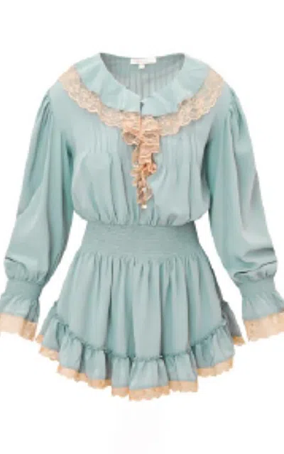 Loveshackfancy Sofratine Lacey Washed Silk Mini Dress In Blue