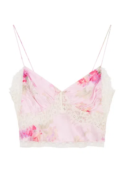 Loveshackfancy Spritely Printed Silk And Lace Top In Pink