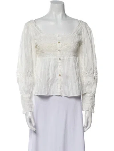 Pre-owned Loveshackfancy Square Neckline Long Sleeve Crop Top In White