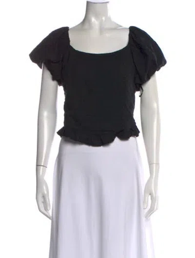 Pre-owned Loveshackfancy Square Neckline Short Sleeve Crop Top In Black
