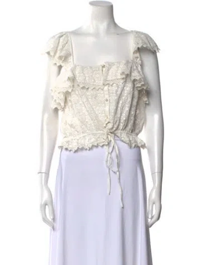 Pre-owned Loveshackfancy Square Neckline Short Sleeve Crop Top In Neutral