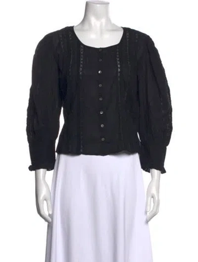 Pre-owned Loveshackfancy Square Neckline Three-quarter Sleeve Blouse In Black