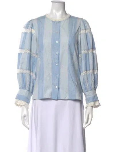 Pre-owned Loveshackfancy Striped Long Sleeve Blouse In Blue