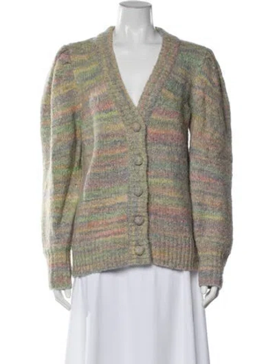 Pre-owned Loveshackfancy Striped V-neck Sweater In Green