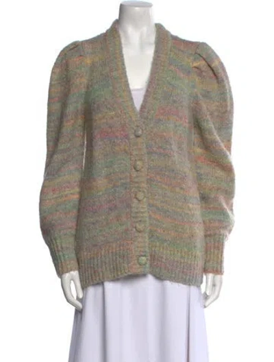 Pre-owned Loveshackfancy Striped V-neck Sweater In Green