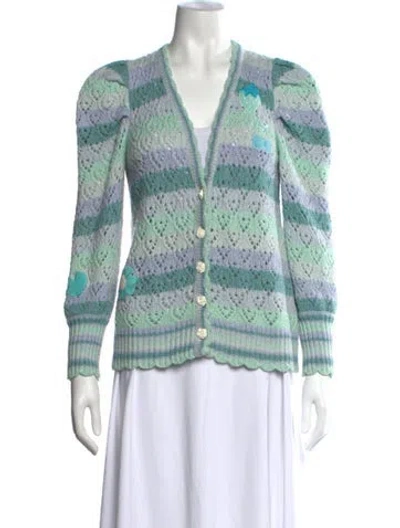 Pre-owned Loveshackfancy Striped V-neck Sweater In Green