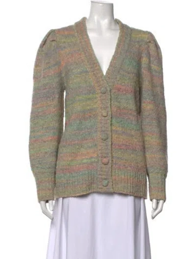 Pre-owned Loveshackfancy Striped V-neck Sweater In Green