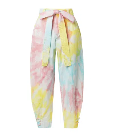 Loveshackfancy Tao Cropped Belted Tie-dyed Cotton-blend Twill Tapered Pants In Multicolor