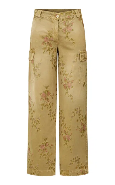 Loveshackfancy Tempie Embroidered Cotton Pants In Green