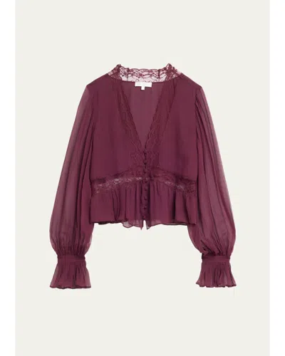 Loveshackfancy Thessira Lace-trim Chiffon Blouse In Burgundy