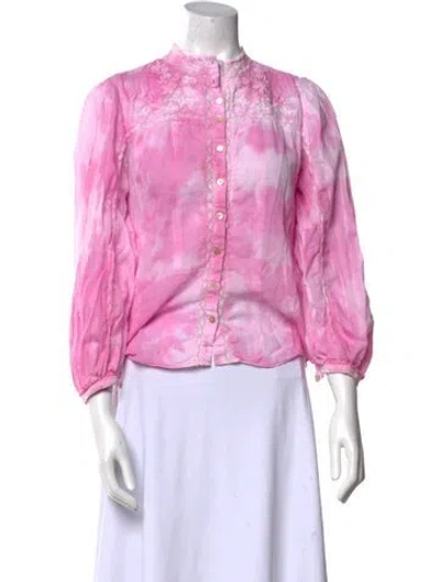 Pre-owned Loveshackfancy Tie-dye Print Mock Neck Button-up Top In Pink