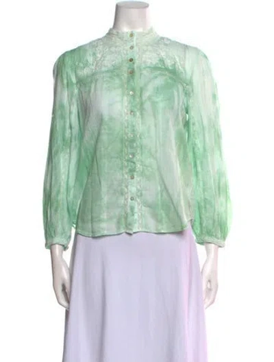 Pre-owned Loveshackfancy Tie-dye Print Mock Neck Button-up Top W/ Tags In Green