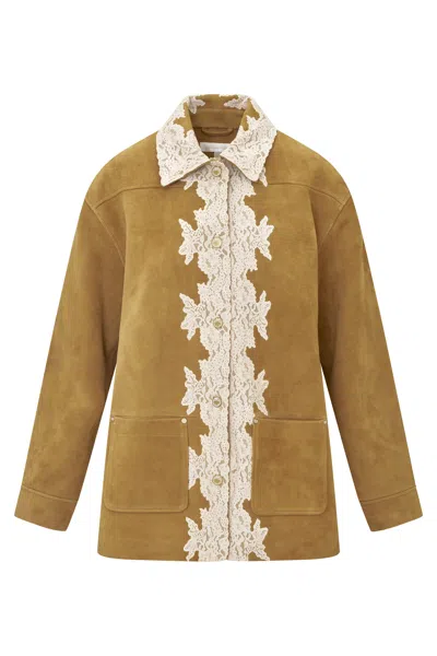 Loveshackfancy Valin Lacey Suede Jacket In Brown