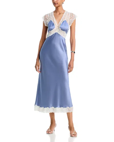Loveshackfancy Vella Lace Trim Silk Midi Dress In Weathered Blue