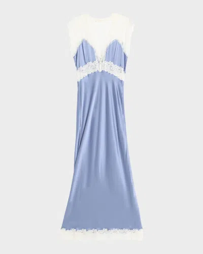 Loveshackfancy Vella Lace-trim Satin Maxi Dress In Blue