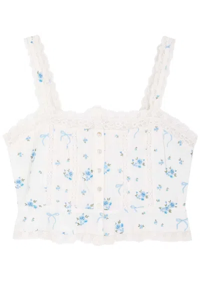 Loveshackfancy Vietta Ribbed Floral And Bow-embroidered Cotton Top In Blue And White
