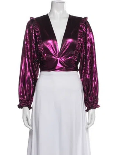 Pre-owned Loveshackfancy V-neck Long Sleeve Blouse In Metallic/purple