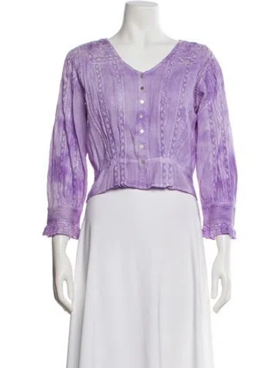 Pre-owned Loveshackfancy V-neck Long Sleeve Blouse In Purple