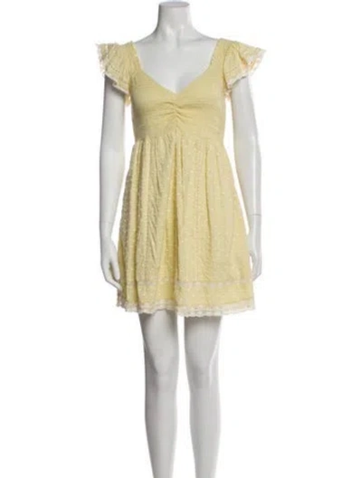 Pre-owned Loveshackfancy V-neck Mini Dress In Yellow