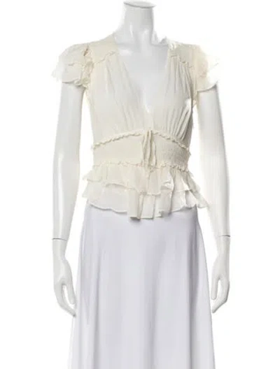 Pre-owned Loveshackfancy V-neck Short Sleeve Blouse In White