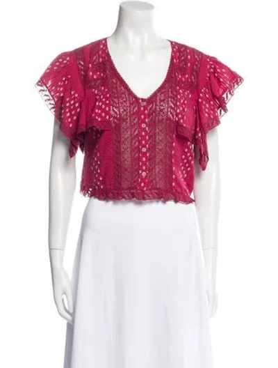 Pre-owned Loveshackfancy V-neck Short Sleeve Crop Top In Burgundy