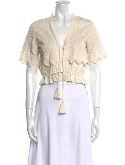 Pre-owned Loveshackfancy V-neck Short Sleeve Crop Top In Neutral