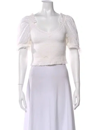 Pre-owned Loveshackfancy V-neck Short Sleeve Crop Top In White