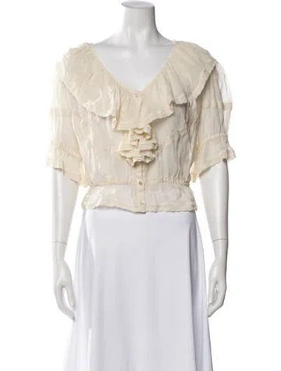 Pre-owned Loveshackfancy V-neck Three-quarter Sleeve Blouse In Neutral