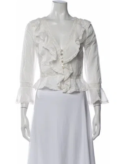 Pre-owned Loveshackfancy V-neck Three-quarter Sleeve Blouse In White