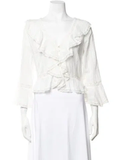 Pre-owned Loveshackfancy V-neck Three-quarter Sleeve Blouse In White