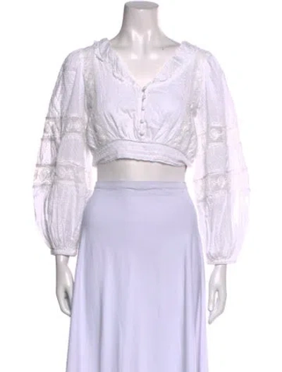 Pre-owned Loveshackfancy V-neck Three-quarter Sleeve Crop Top In White