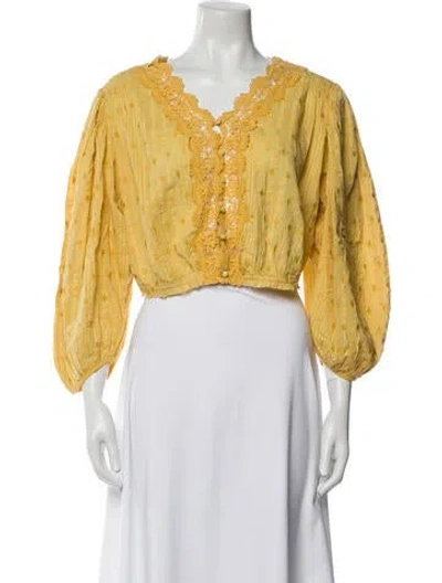 Pre-owned Loveshackfancy V-neck Three-quarter Sleeve Crop Top In Yellow