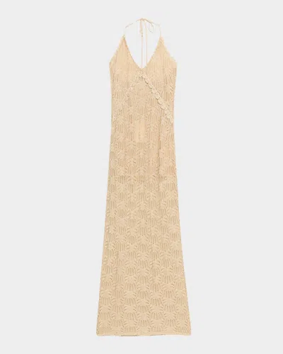 Loveshackfancy Vreya Metallic Crochet Halter Dress In Brown