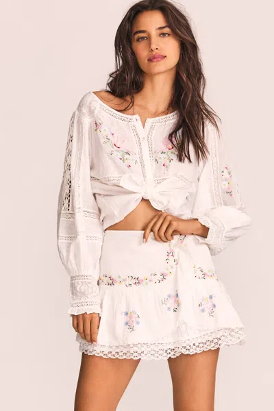Loveshackfancy White Mini Skirt With Floral Embroidery In Multi