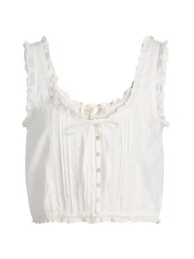 Loveshackfancy Rosabella Cropped Lace-trimmed Crystal-embellished Cotton-voile Top In White