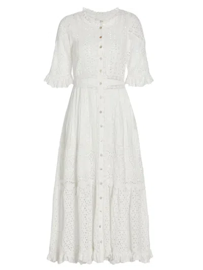 Loveshackfancy Botina Lace-trimmed Broderie Anglaise Cotton Midi Shirt Dress In Off White